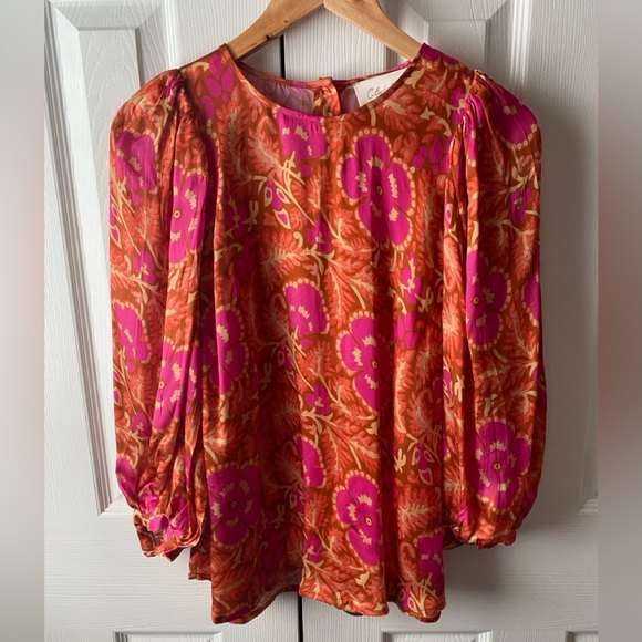 Cleobella Tops - Cleobella Orange/Pink Floral Satin Puff Sleeve Back Button Blouse SZ S